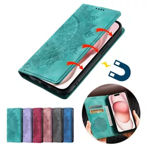 For iPhone 16e/15/14/13/12/11 XR SE 8 Slim Leather Wallet Case Flower Flip Cover - Picture 1 of 33