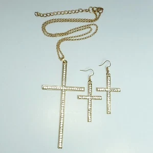 N0075 Gold Tone Chain Clear Rhinestone Decorated Cross Pendant Necklace Earrings - Picture 1 of 4