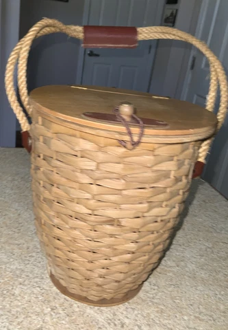 Vintage Basket/Purse with Wood Bottom & Hinged Lid~Rope Handle With Leather Cover