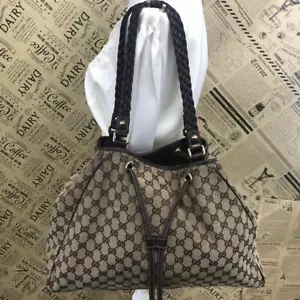 GUCCI FP68 Fringe Tassel Tote Shoulder Bag Brown Canvas W Storage bag Authentic - Picture 1 of 15