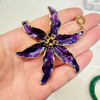 Vntage Kenneth Jay Lane Purple Lily Necklace Enamel Rhinestone Gold Chain  20” - Image 1 of 4