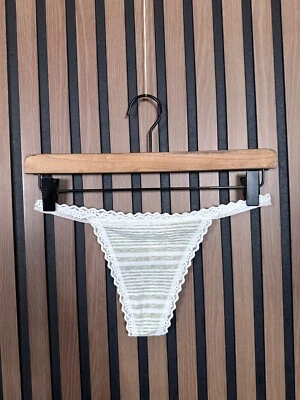 Victoria's Secret V String Medium White Gray Striped Lace Trim Thong Panties - Image 1 of 4