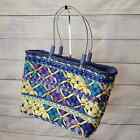 Colorful Straw Bag with Zip Top and Tubing Straps Purple Blue Teal