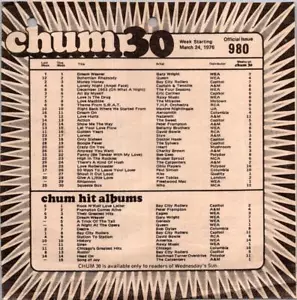 CHUM CHARTS" CHUM 30 OFFICIAL ISSUE 980 WEEK STARTING MARCH 24 1976 VIET240376 - Picture 1 of 2