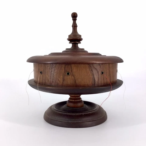 Antique Victorian Turned Walnut Round Sewing Thread Box Late 1800's Cover