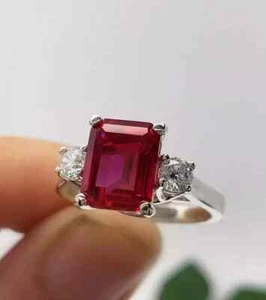 4.40 Ct Emerald Cut Natural Ruby Diamond Engagement Ring 14K White Gold Solid - Picture 1 of 6