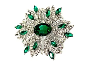 White gold finish Green Emerald and created diamond Snowflake Design brooch - Picture 1 of 12