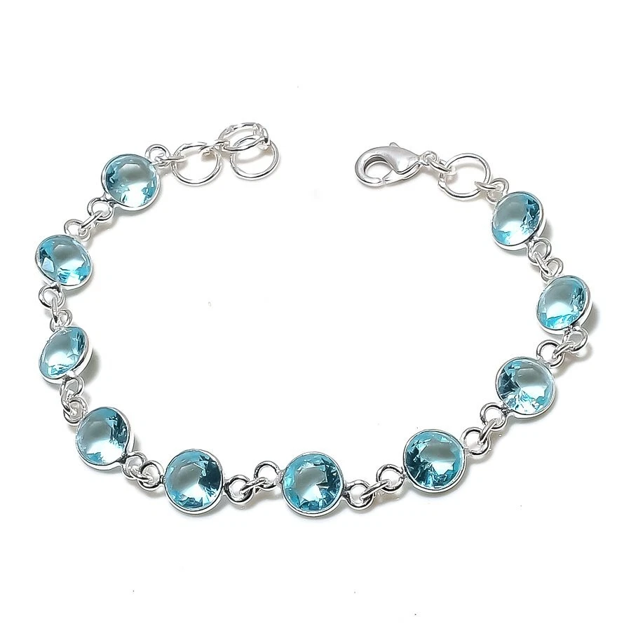 Aqua Aquamarine Gemstone Handmade 925 Sterling Silver Jewelry Bracelet Sz 7-8" - Image 1 of 1