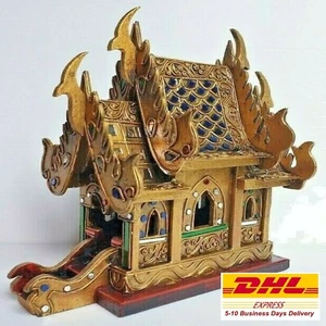 Gold Thai Spirit House Teak Wood Golden Temple Craft Buddhist Altar Handmade - Picture 1 of 12