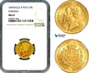 AJ801, Italy, Sardinia, Vitt. Emanuele II, 20 Lire 1859 Eagle B, Turin, NGC MS61 - Picture 1 of 1