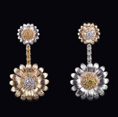 Elegant Natural Diamond 14K Gold Party Gift Dangle Bridal Flower Dangle Earrings - Image 1 of 4