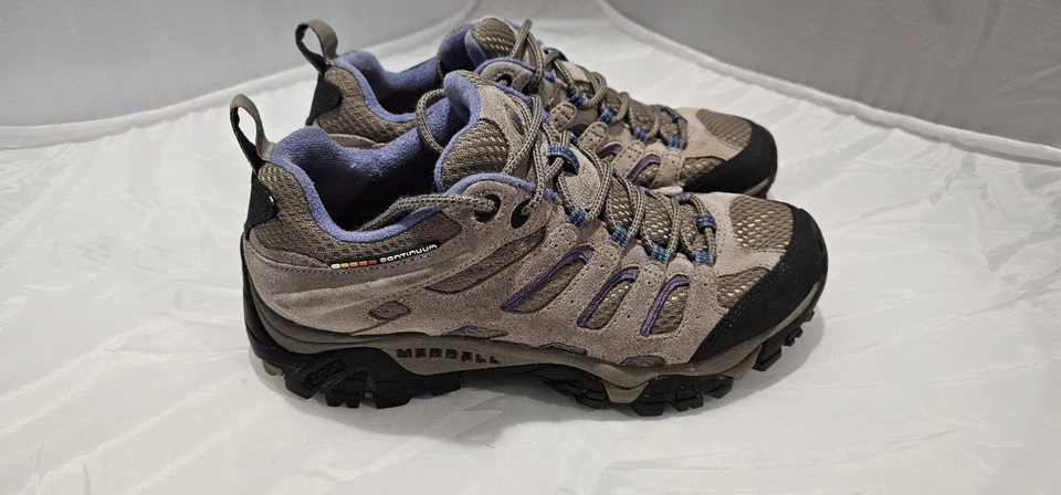 Sapatos de caminhada femininos Merrell Moab ventilador 8 J57758 cinza bronzeado roxo Vibram - Imagem 1 de 4