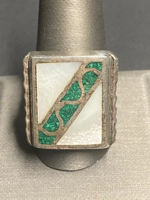 MASSIVE MEN'S 925 STERLING SILVER MOTHER OF PEARL AND TURQUOISE RING SIZE 12.25 - Image 1 of 4