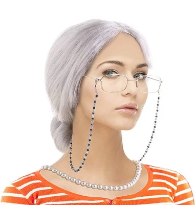 Juego de disfraces de anciana dama peluca, gafas, collar y accesorios de abuela de 5 piezas Foto 1 de 4