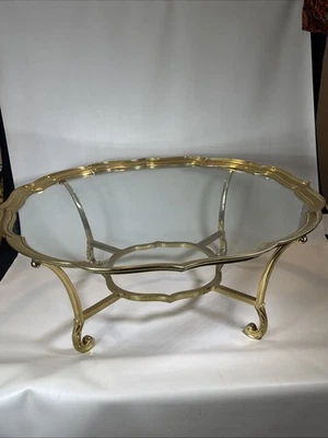 Vintage Scalloped Brass and Glass Coffee Table 41x16 Inch  - Image 1 of 4