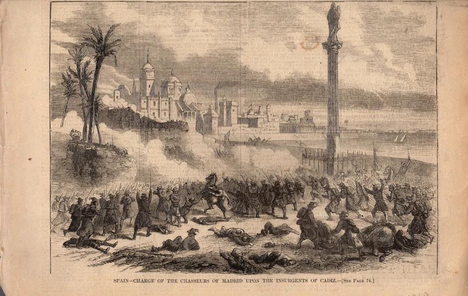 1869 Harper's Weekly - Spain Madrid Chasseurs charge Cadiz insurgents - Image 1 of 1