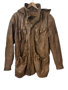Vintage 80’s braune Lederjacke Herren LARGE lang, Kapuze, Taschen, Motorrad - Bild 1 von 12
