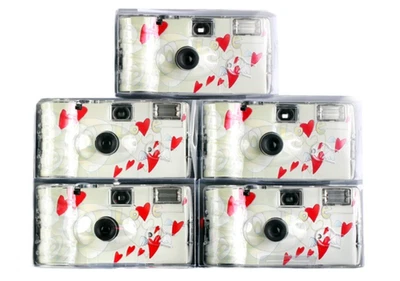 5x Hochzeit Einwegkamera schickes Gehäuse "fliegende Herzen" mit Blitz, 27Bilder - Bild 1 von 4