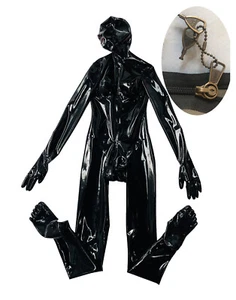 Men latex catsuit toes red teeth nose tube hidden two sheath three lockable zip - Picture 1 of 4