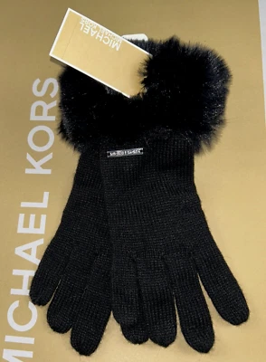NUEVO MICHAEL KORS Guantes para Mujer Negro Cadena Tejido Metal Logo Dije Puño de Piel $78  Foto 1 de 4