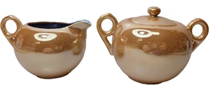Vintage Peach Blue and White Lusterware Japan Sugar Bowl with Lid and Creamer - Picture 1 of 11