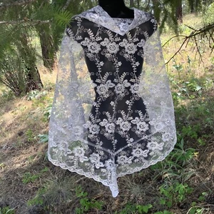 Silver White Beaded Lace Shawl For Bride Victorian Look Lace Fabric Handmade - Picture 1 of 10