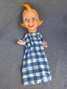 Vintage Hand Puppet 50's-60's Rubber Faced Plaid Clothes Curly Cue Hair Style