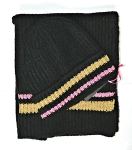 Very Women's Hat & Scarf 2pc Set Black With Glitter/Metallic Stripes Pink & Gold - Picture 1 of 1