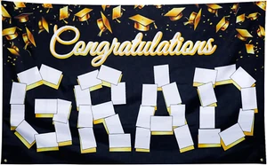 Congratulations Graduation Backdrop, Gold and Black 71X43In Grad Banner with Thr - Picture 1 of 7
