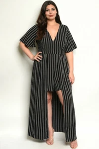 Women's Plus Size Short Sleeve Black Romper Long Maxi Dress - Picture 1 of 2