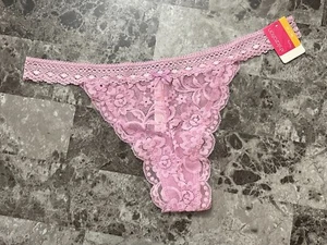 NWT XHILARATION M LILAC LAVENDER VIOLET FLORAL LACE BOW CHEEKY THONG PANTIES - Picture 1 of 4