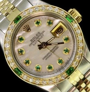 Rolex Ladies Datejust Oyster Gold Stainless Steel Diamond Dial Bezel Emeralds - Picture 1 of 11