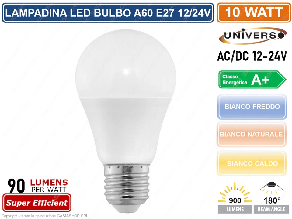 LAMPADINA LED E27 AC/DC 12V 24V BULB A60 10W 900 LUMEN