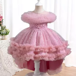 Flower Girl Party Print Dress Girl Birthday Party High Collar Dress Formal Gown - Picture 1 of 33
