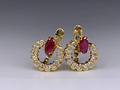 18k Yellow Gold Oval Ruby Diamond Huggie Omega Back Earrings - Image 1 of 4