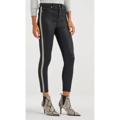 7 For All Mankind B(air) High Waist Ankle Skinny Side Stripe Coated Black Sz 24 - Image 1 of 4