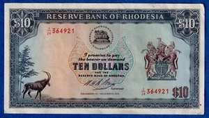 Rhodesia $10 1973 P-33f (15th Dec 1973) , Circulated Banknote J/24 364921 - Picture 1 of 3
