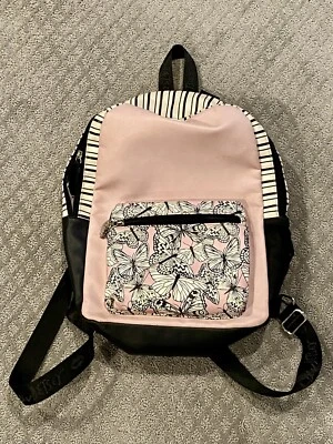 Betsey Johnson Backpack Book bag Purse Pink Black Butterflies Stripes - Image 1 of 4