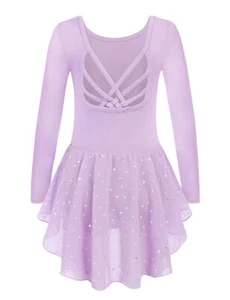Ballet Leotard for Girls Long Sleeve Bow Back Chiffon Shinny Skirted Basic Te... - Picture 1 of 9