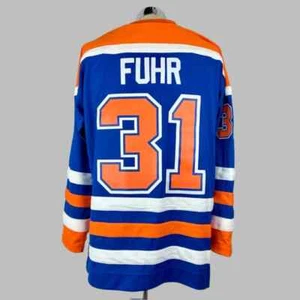 Camiseta deportiva grande Edmonton Oilers Grant Fuhr #31 Mitchell & Ness NHL línea azul oscuro - Imagen 1 de 4