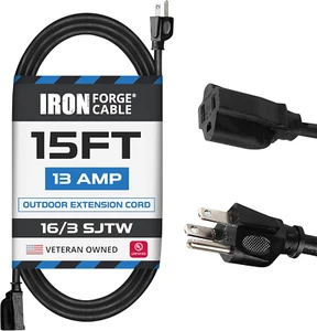 Iron Forge Cable 15 Ft Black Extension Cord, 16/3, 15 Foot Extension Cord, 3 Pro - Picture 1 of 12
