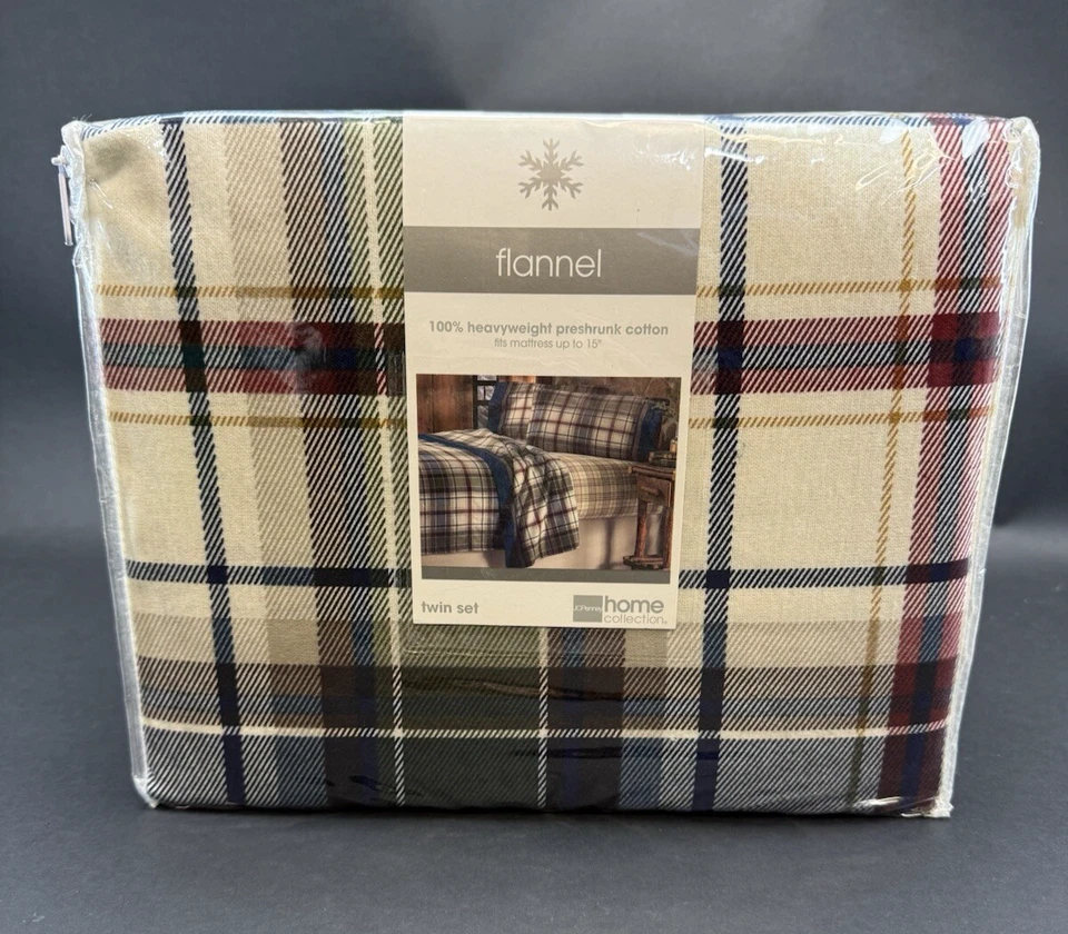Vtg JCPenney Home Flannel Lodge Plaid Sheet Set Twin Size 100% Preshrunk Cotton - Image 1 of 4