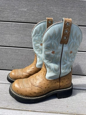 Ariat Boots ProBaby Ostrich Print Light Blue Brown Western Cowboy 16729 sz 6 B - Image 1 of 4