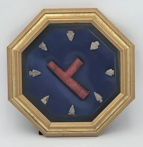 Vintage Arrowheads Native American Artifacts On Blue Satin Golden Display Frame - Picture 1 of 9