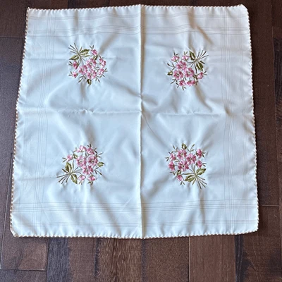 Vintage handmade napkin handkerchief cream with embroidered pink flowers shabby - Image 1 of 4
