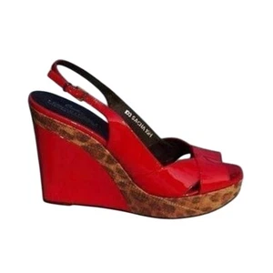 Donald Pliner Red Patent Leather Wedge Shoe New Brown Congo Raffia $275 NWT - Picture 1 of 4