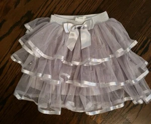 NEW POSIES & PEONIES GIRLS SILVER GRAY SATIN TULLE GLITTER TIERED SKIRT TUTU 4-6 - Picture 1 of 7