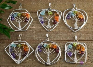 Colgante Árbol de la Vida, colgante de cristal CHAKRA - joyería envuelta en alambre, E1385 - Imagen 1 de 10