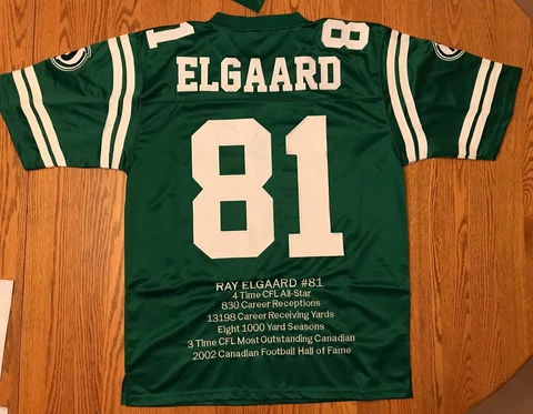 Saskatchewan Roughriders Ray Elgaard #81 Retro Jersey NEW w tags Career Stats Cover