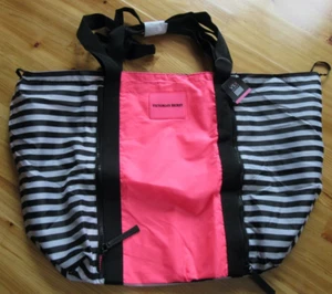 Victoria Secret  Zip front PKT Open Tie Top BLK/WH/ Pink Tote Poly Lined Bag NWT - Picture 1 of 3
